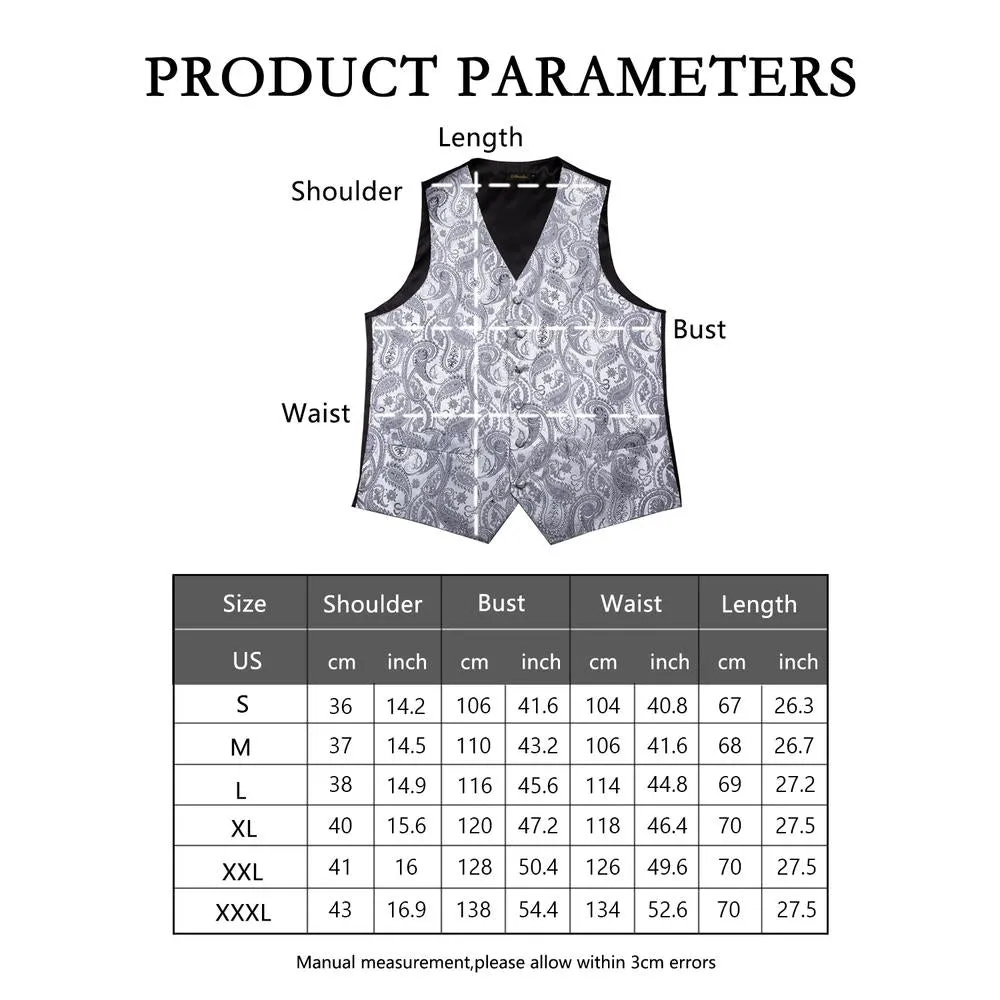 DiBanGu Mens Suit Vest Grey Paisley Jacquard Silk Waistcoat Vest Tie Handkerchief Cufflinks Set