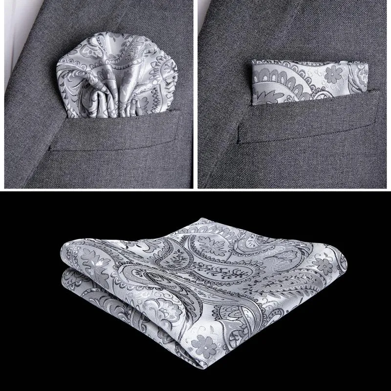 DiBanGu Mens Suit Vest Grey Paisley Jacquard Silk Waistcoat Vest Tie Handkerchief Cufflinks Set