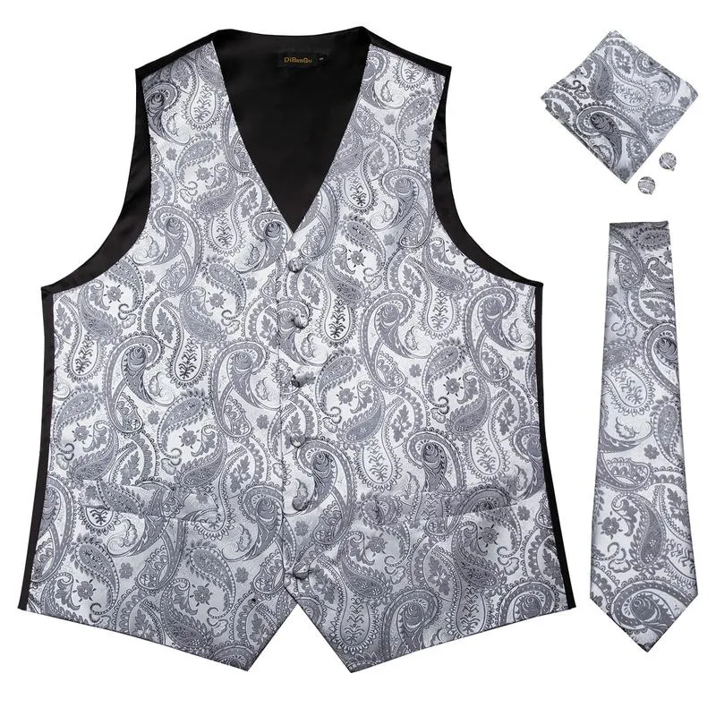 DiBanGu Mens Suit Vest Grey Paisley Jacquard Silk Waistcoat Vest Tie Handkerchief Cufflinks Set