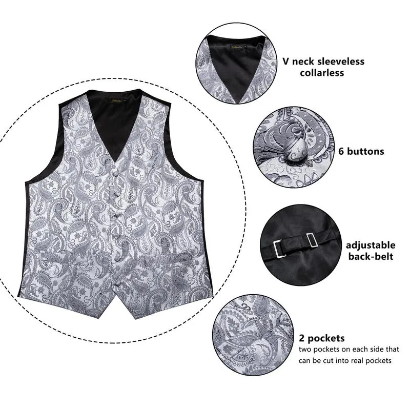 DiBanGu Mens Suit Vest Grey Paisley Jacquard Silk Waistcoat Vest Tie Handkerchief Cufflinks Set