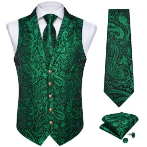 DiBanGu Men's Vest Dark Green Paisley Silk Waistcoat Suit Vest Tie Set