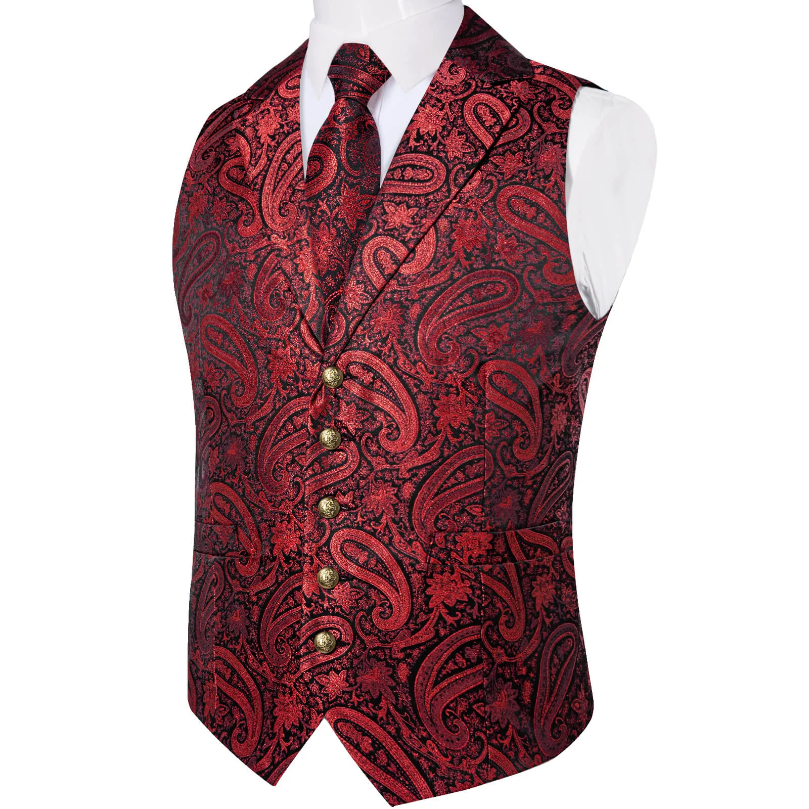 DiBanGu Men's Vest Dark Red Paisley Silk Waistcoat Suit Vest Tie Set