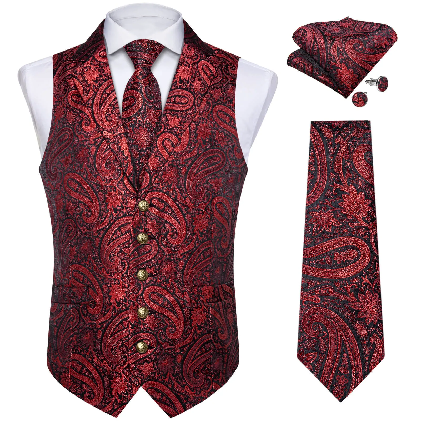 DiBanGu Men's Vest Dark Red Paisley Silk Waistcoat Suit Vest Tie Set