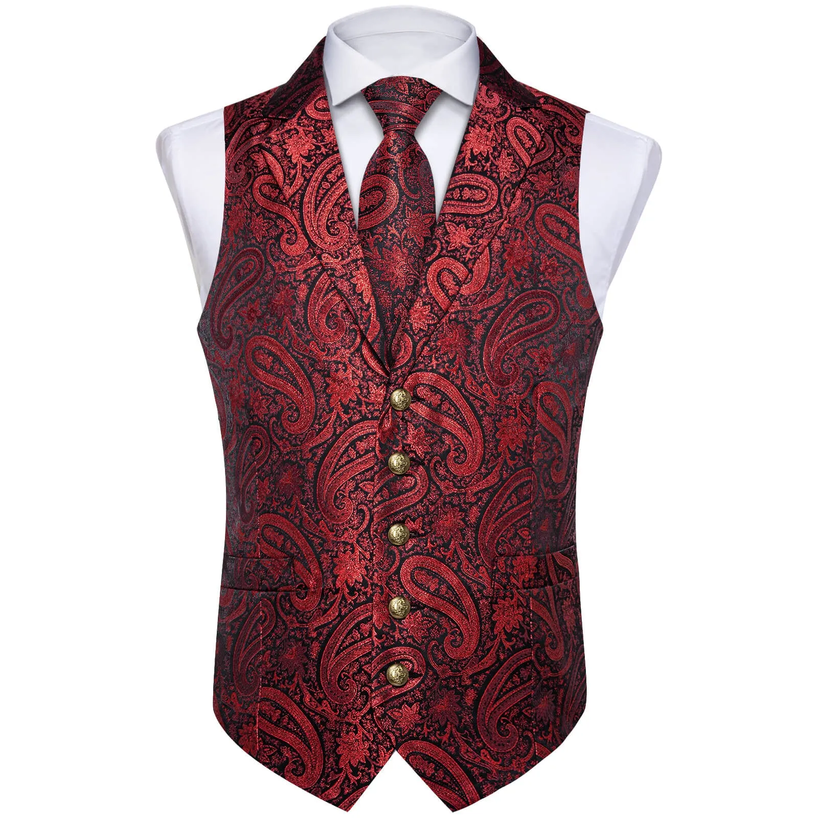 DiBanGu Men's Vest Dark Red Paisley Silk Waistcoat Suit Vest Tie Set