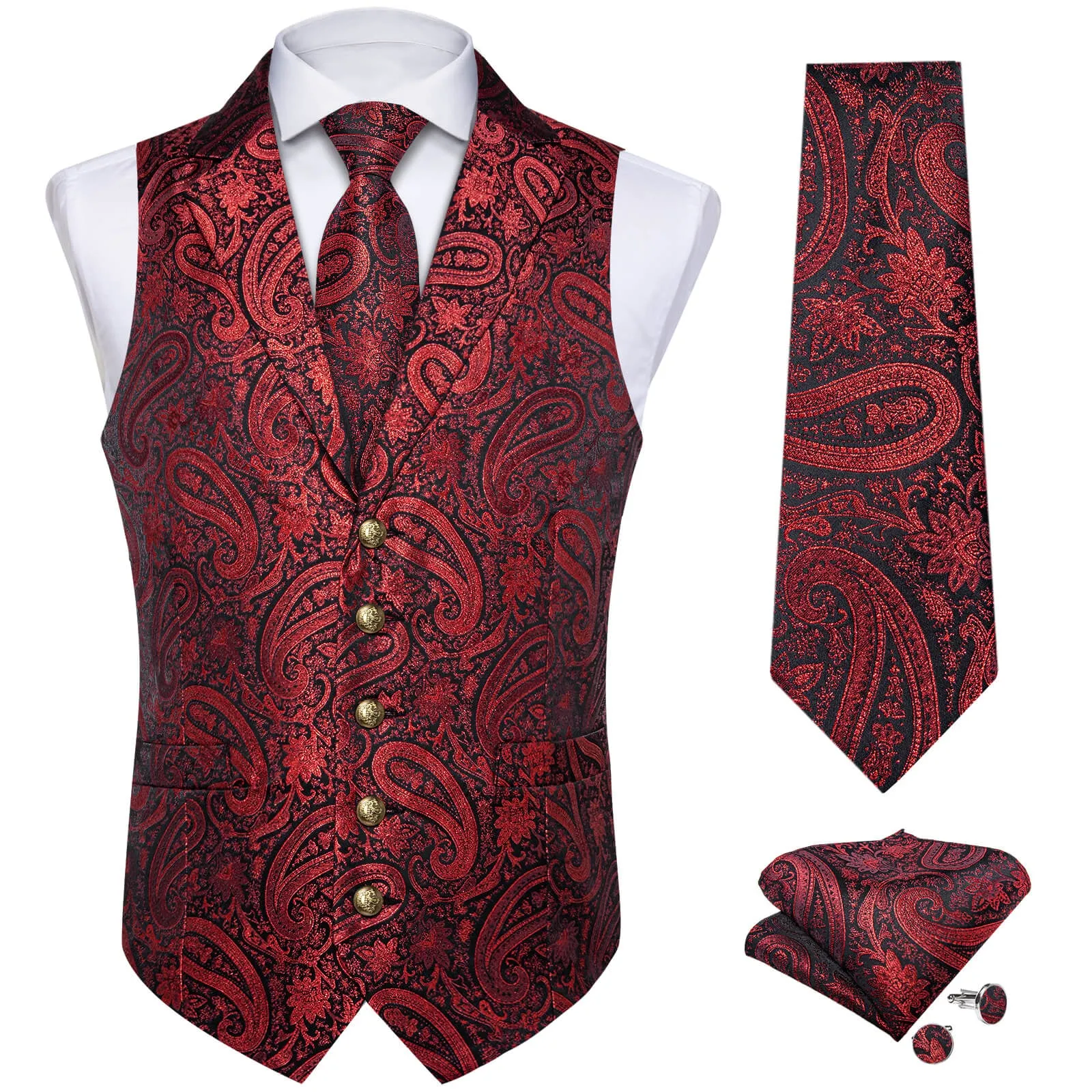 DiBanGu Men's Vest Dark Red Paisley Silk Waistcoat Suit Vest Tie Set