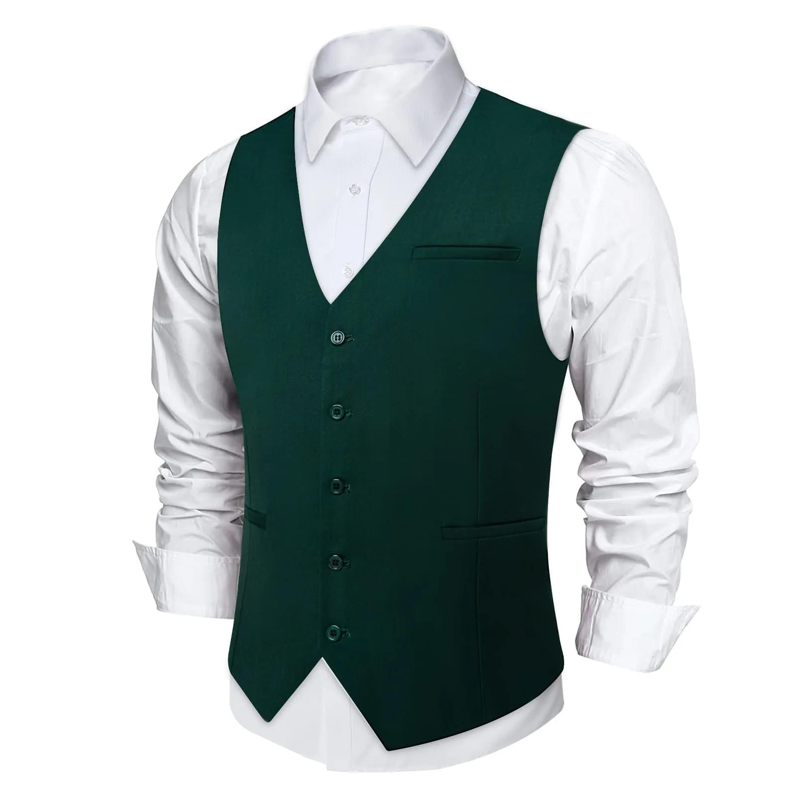 DiBanGu Mens Vest Medium Jungle Green Solid V Neck Business Waistcoat Silk Button Vest