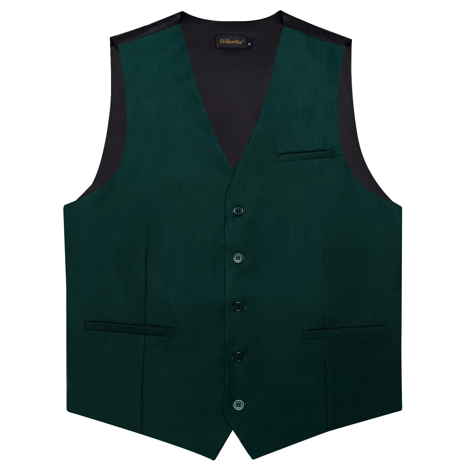 DiBanGu Mens Vest Medium Jungle Green Solid V Neck Business Waistcoat Silk Button Vest