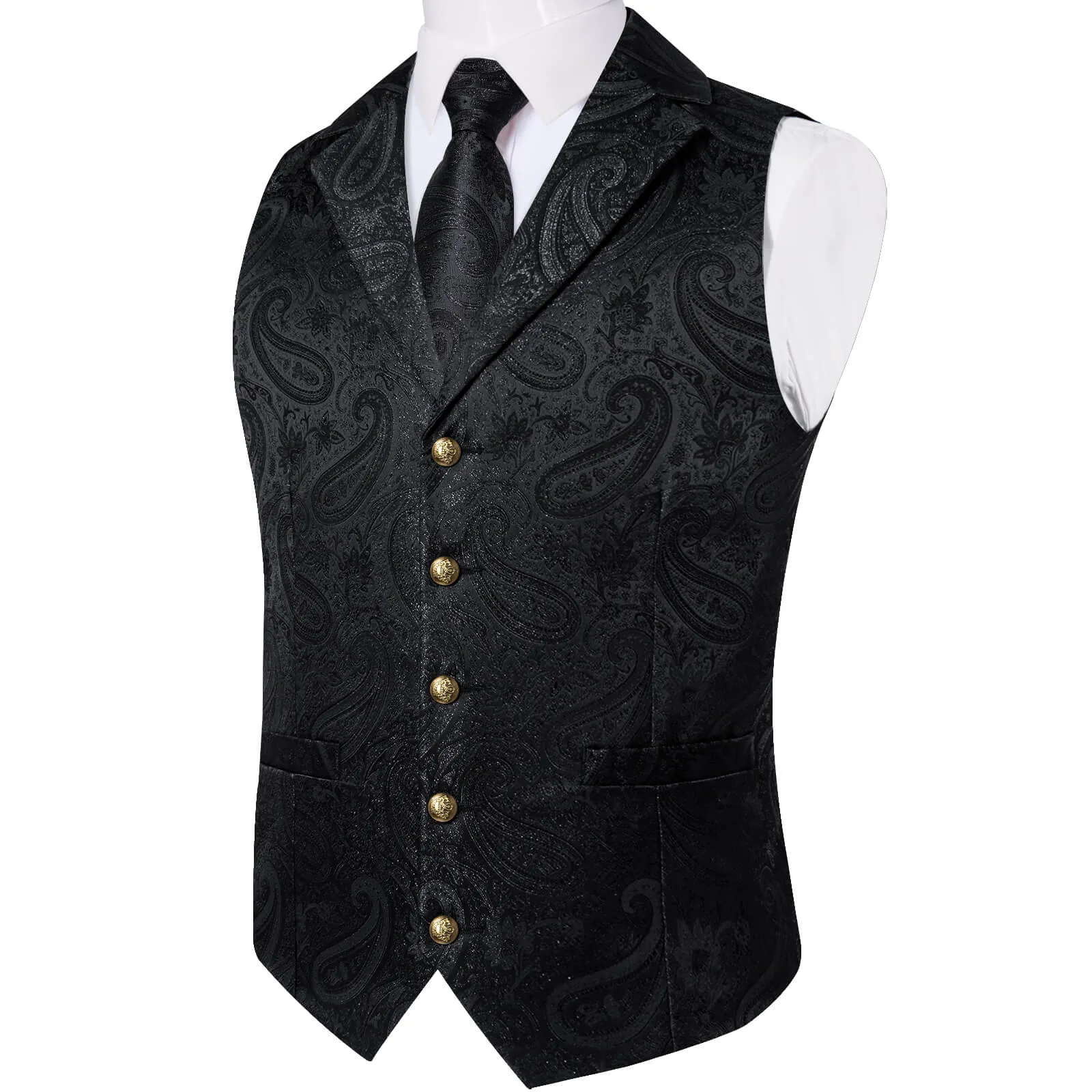 DiBanGu Men's Vest Obsidian Black Woven Paisley Silk Suit Vest Tie Set