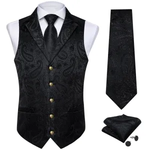 DiBanGu Men's Vest Obsidian Black Woven Paisley Silk Suit Vest Tie Set