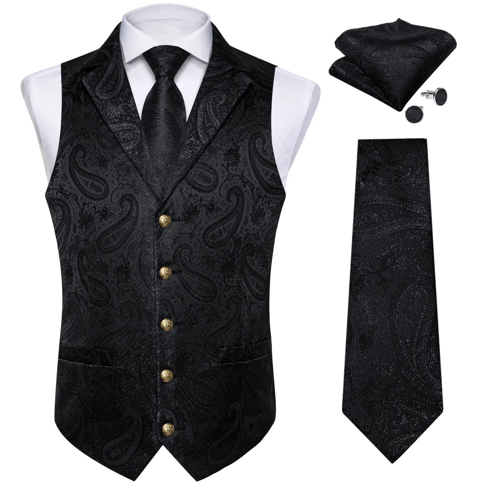 DiBanGu Men's Vest Obsidian Black Woven Paisley Silk Suit Vest Tie Set