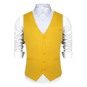 DiBanGu Mens Vest Saffron Yellow Solid V Neck Business Waistcoat Silk Dress Button Vest