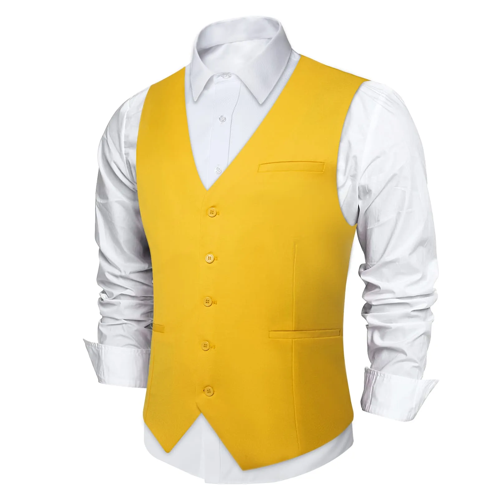 DiBanGu Mens Vest Saffron Yellow Solid V Neck Business Waistcoat Silk Dress Button Vest