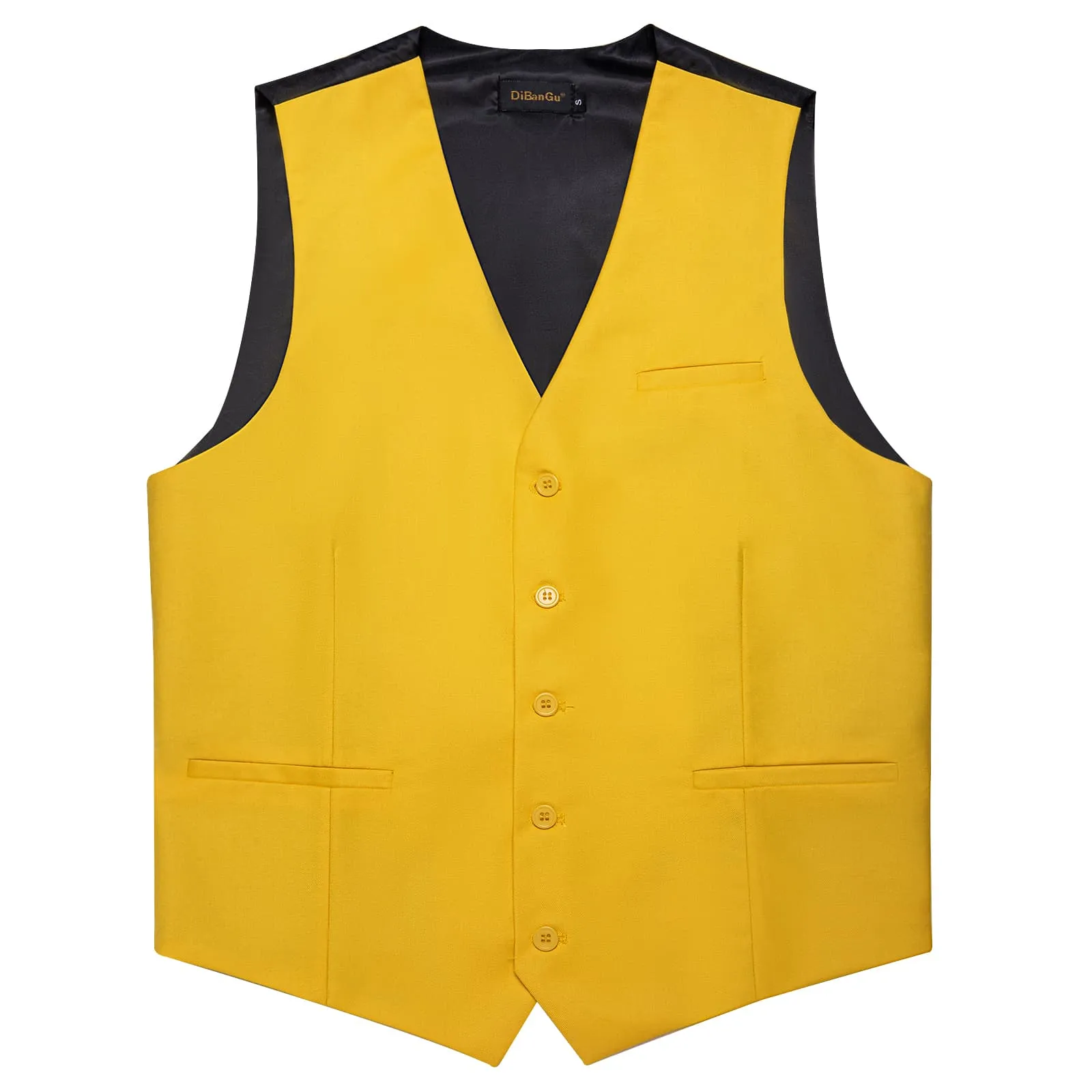 DiBanGu Mens Vest Saffron Yellow Solid V Neck Business Waistcoat Silk Dress Button Vest