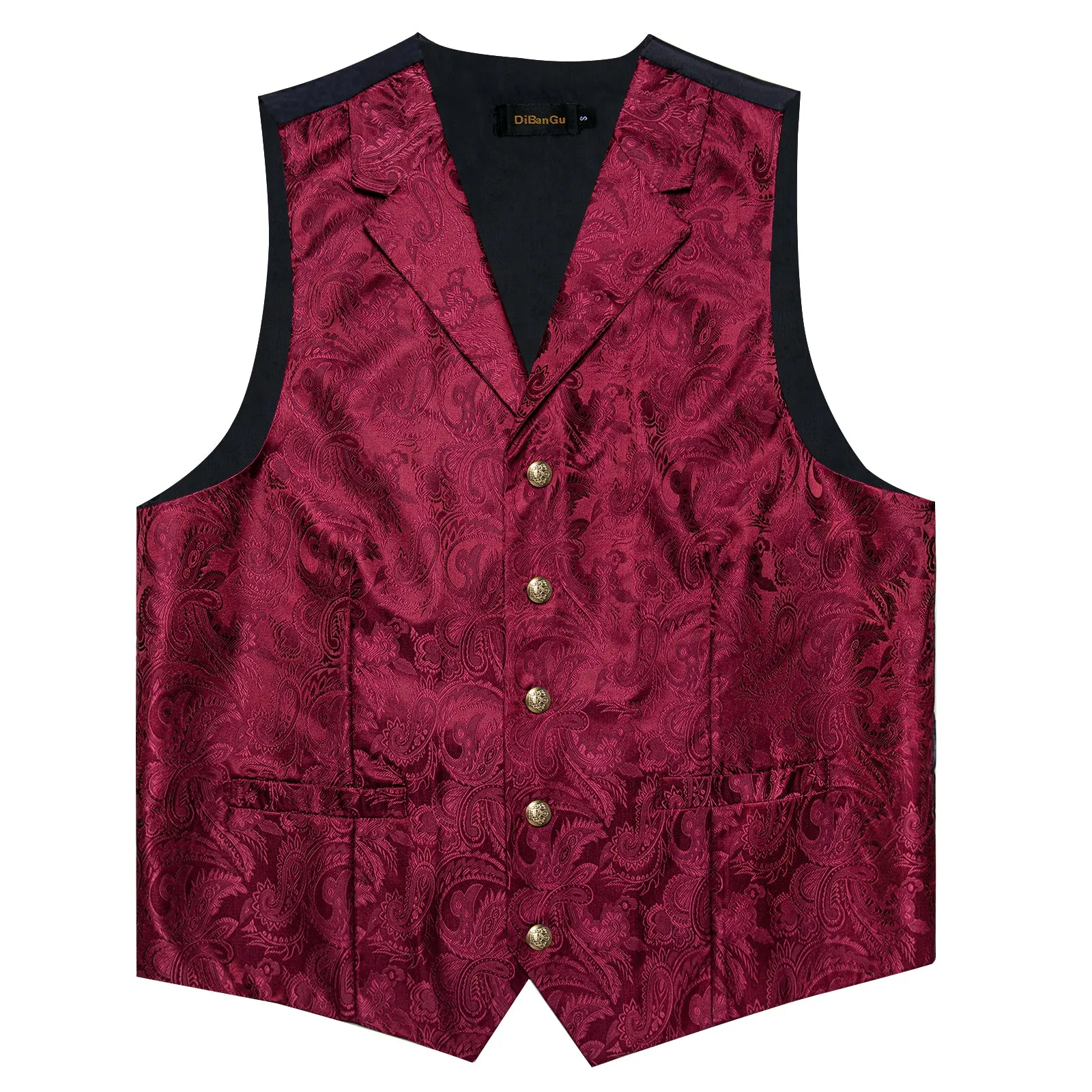 DiBanGu Notched Collar Vest Red Floral V Neck Mens Waistcoat Vest Tie Handkerchief Cufflinks Set