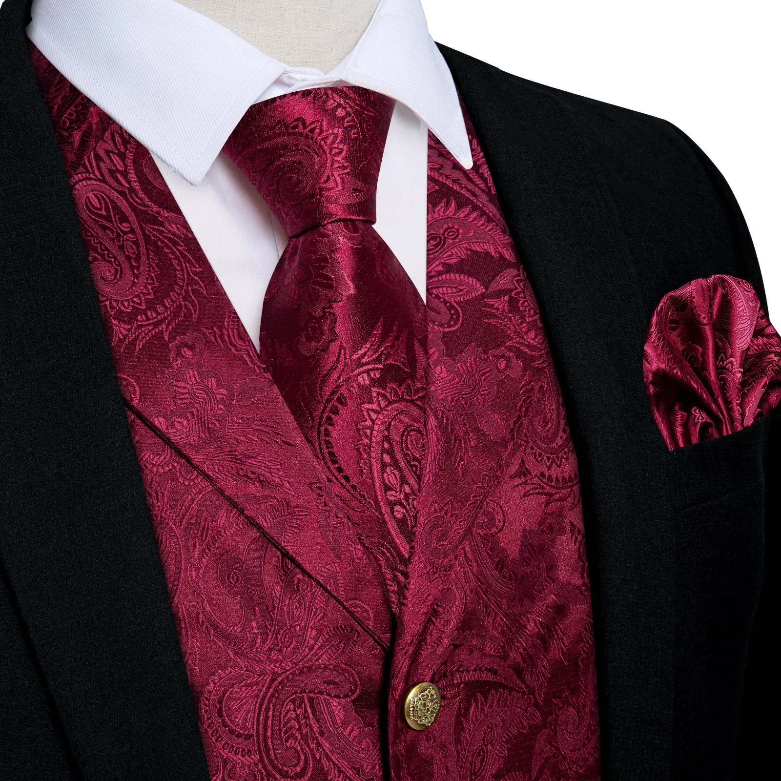 DiBanGu Notched Collar Vest Red Floral V Neck Mens Waistcoat Vest Tie Handkerchief Cufflinks Set