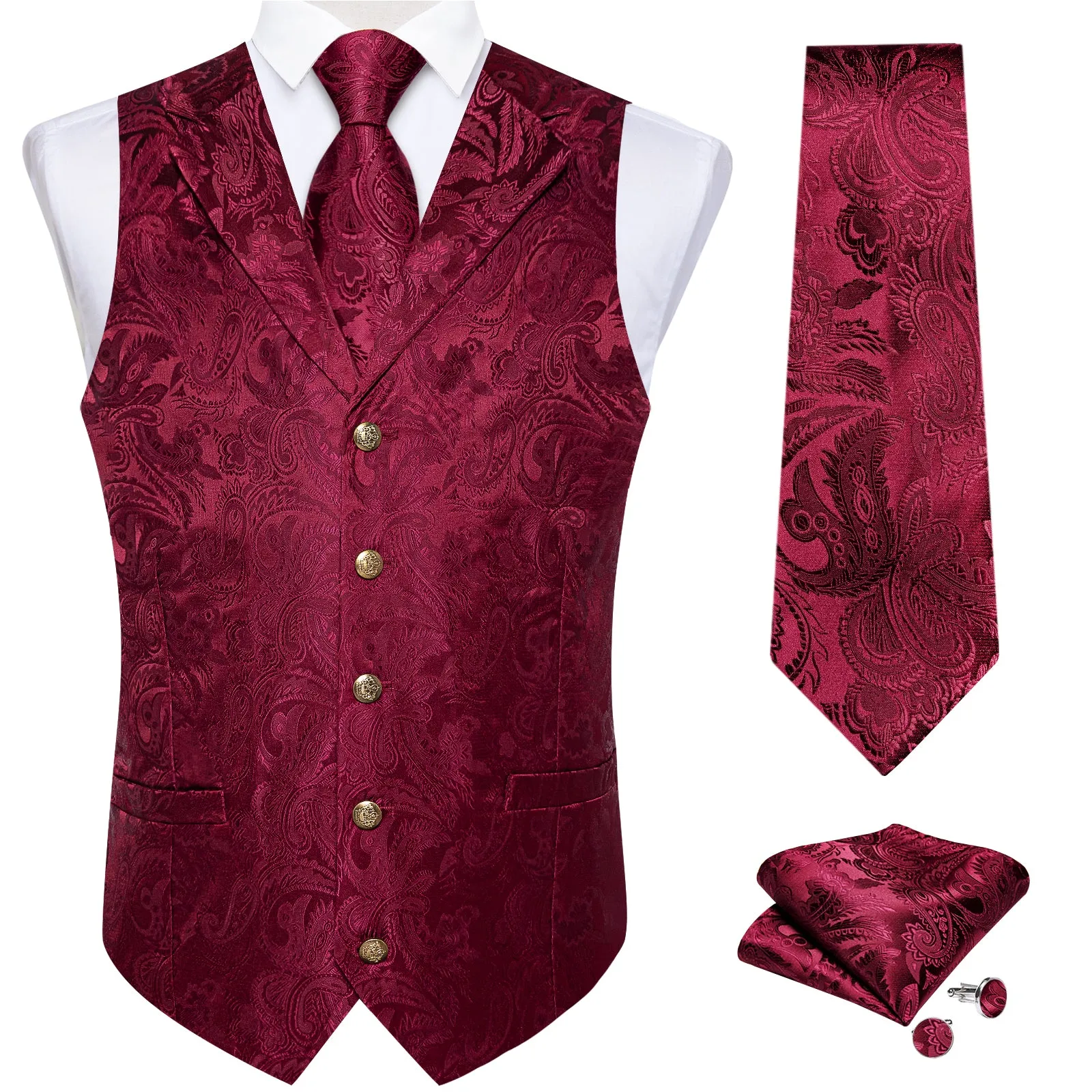 DiBanGu Notched Collar Vest Red Floral V Neck Mens Waistcoat Vest Tie Handkerchief Cufflinks Set