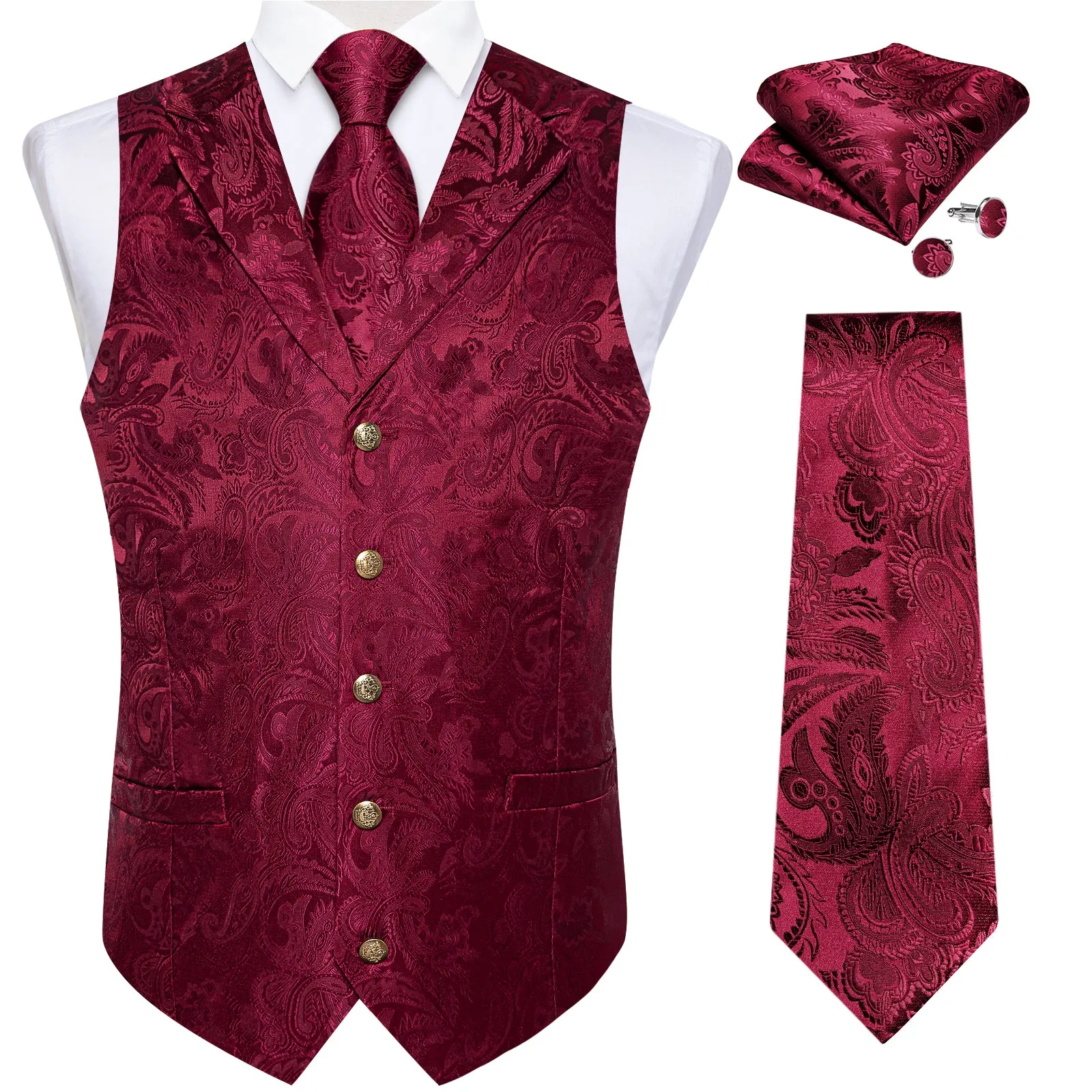 DiBanGu Notched Collar Vest Red Floral V Neck Mens Waistcoat Vest Tie Handkerchief Cufflinks Set