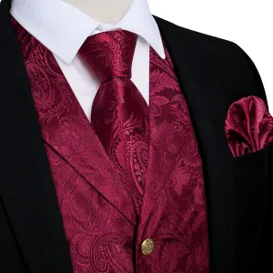 DiBanGu Notched Collar Vest Red Floral V Neck Mens Waistcoat Vest Tie Handkerchief Cufflinks Set