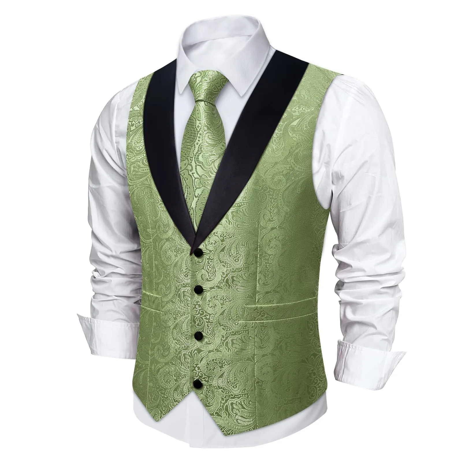 DiBanGu Sage Green Floral Silk Shawl Collar Mens Dress Vest Tie Set