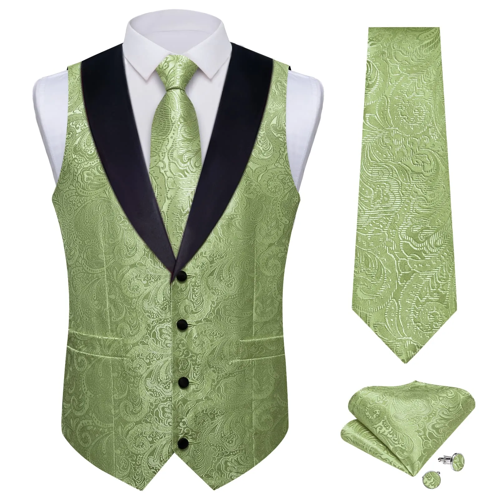 DiBanGu Sage Green Floral Silk Shawl Collar Mens Dress Vest Tie Set