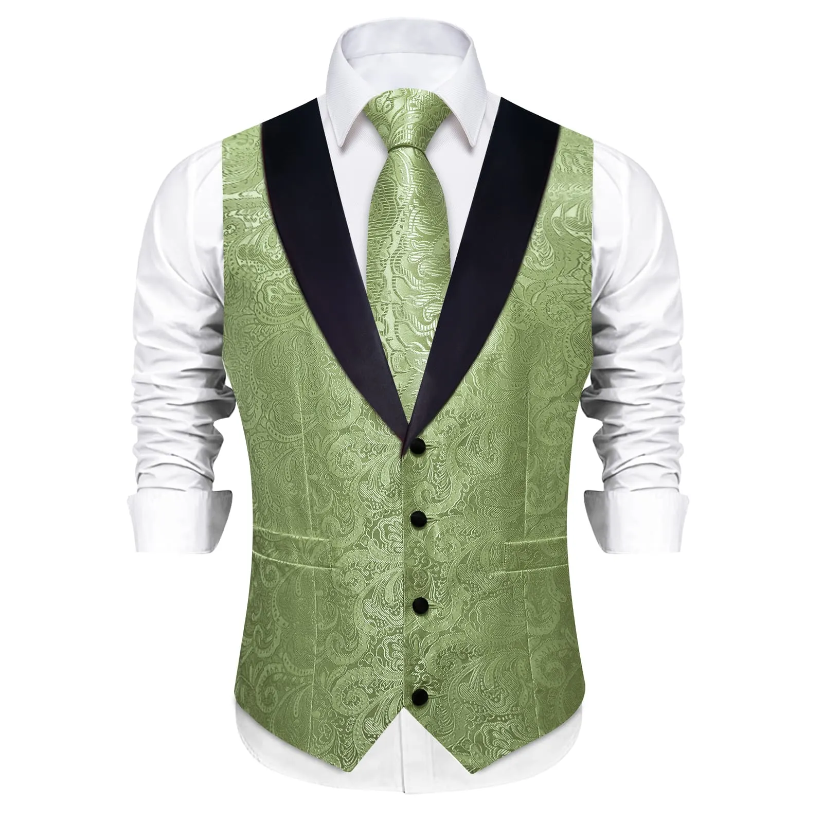 DiBanGu Sage Green Floral Silk Shawl Collar Mens Dress Vest Tie Set