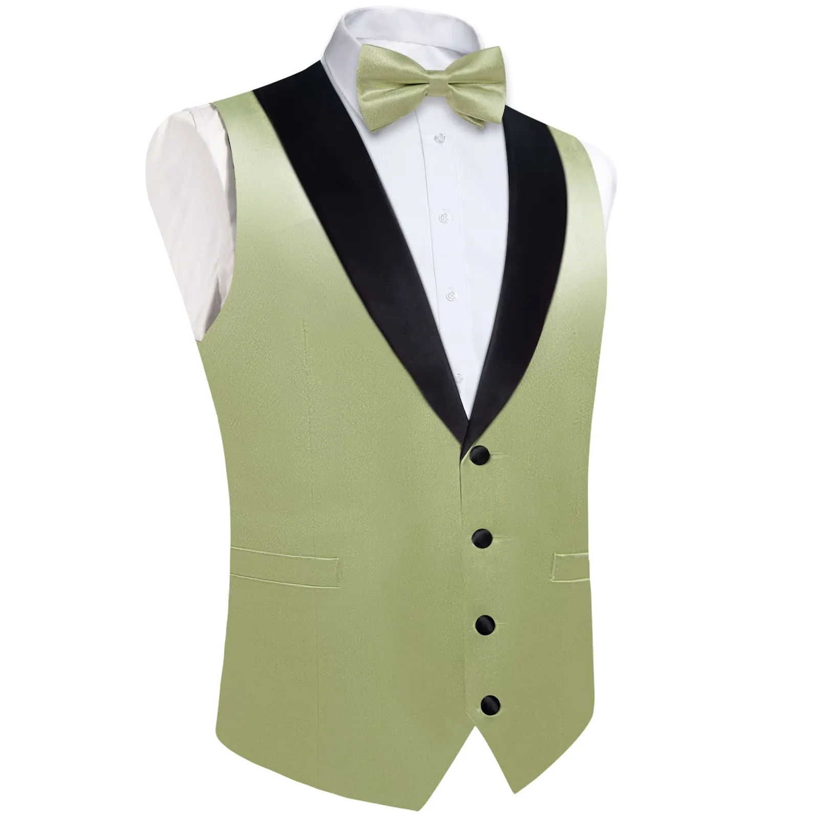 DiBanGu Tuxedo Vest Olive Green Solid Silk Mens Button Vest and Bow Tie Set