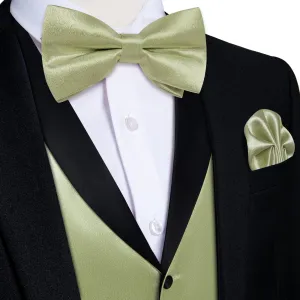 DiBanGu Tuxedo Vest Olive Green Solid Silk Mens Button Vest and Bow Tie Set