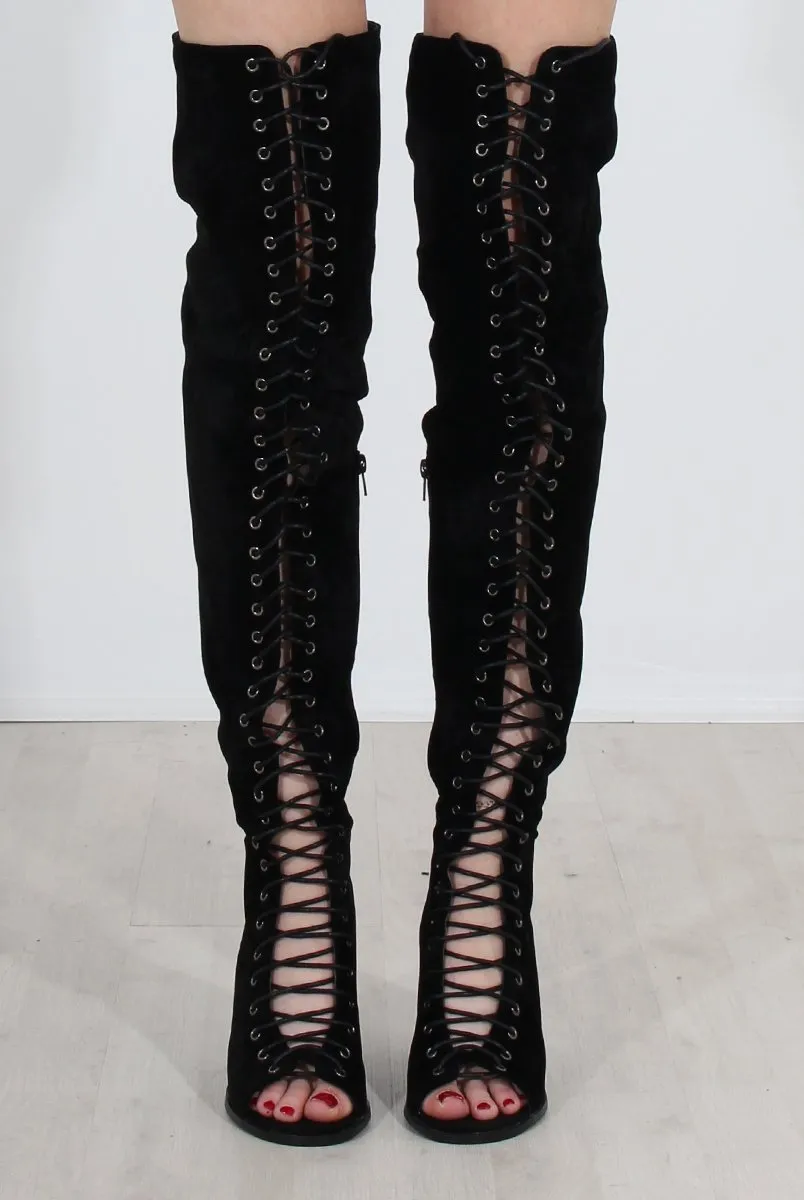 Elita Black Lace Up Over The Knee Boots