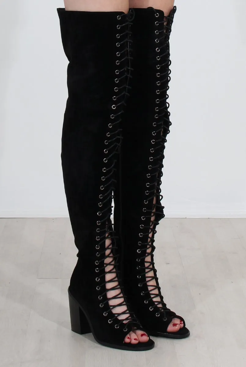 Elita Black Lace Up Over The Knee Boots