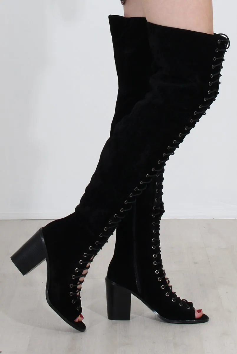 Elita Black Lace Up Over The Knee Boots