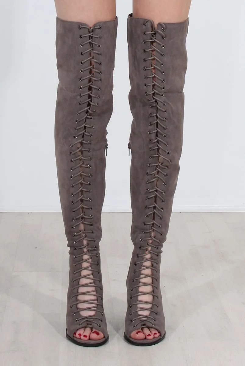 Elita Grey Lace Up Over The Knee Boots