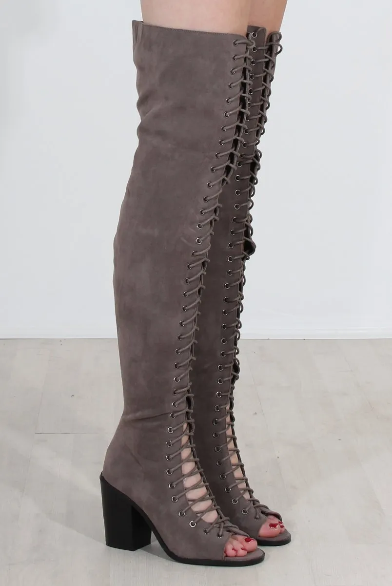 Elita Grey Lace Up Over The Knee Boots