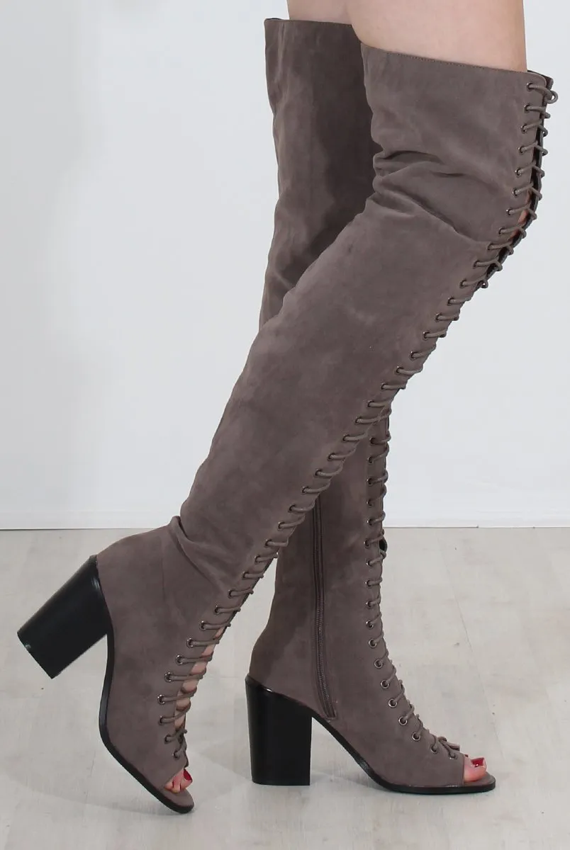 Elita Grey Lace Up Over The Knee Boots