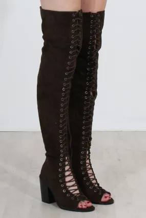 Elita Khaki Lace Up Over The Knee Boots