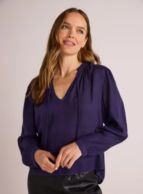 Flowy Tie Neck Pullover - Dark Sapphire