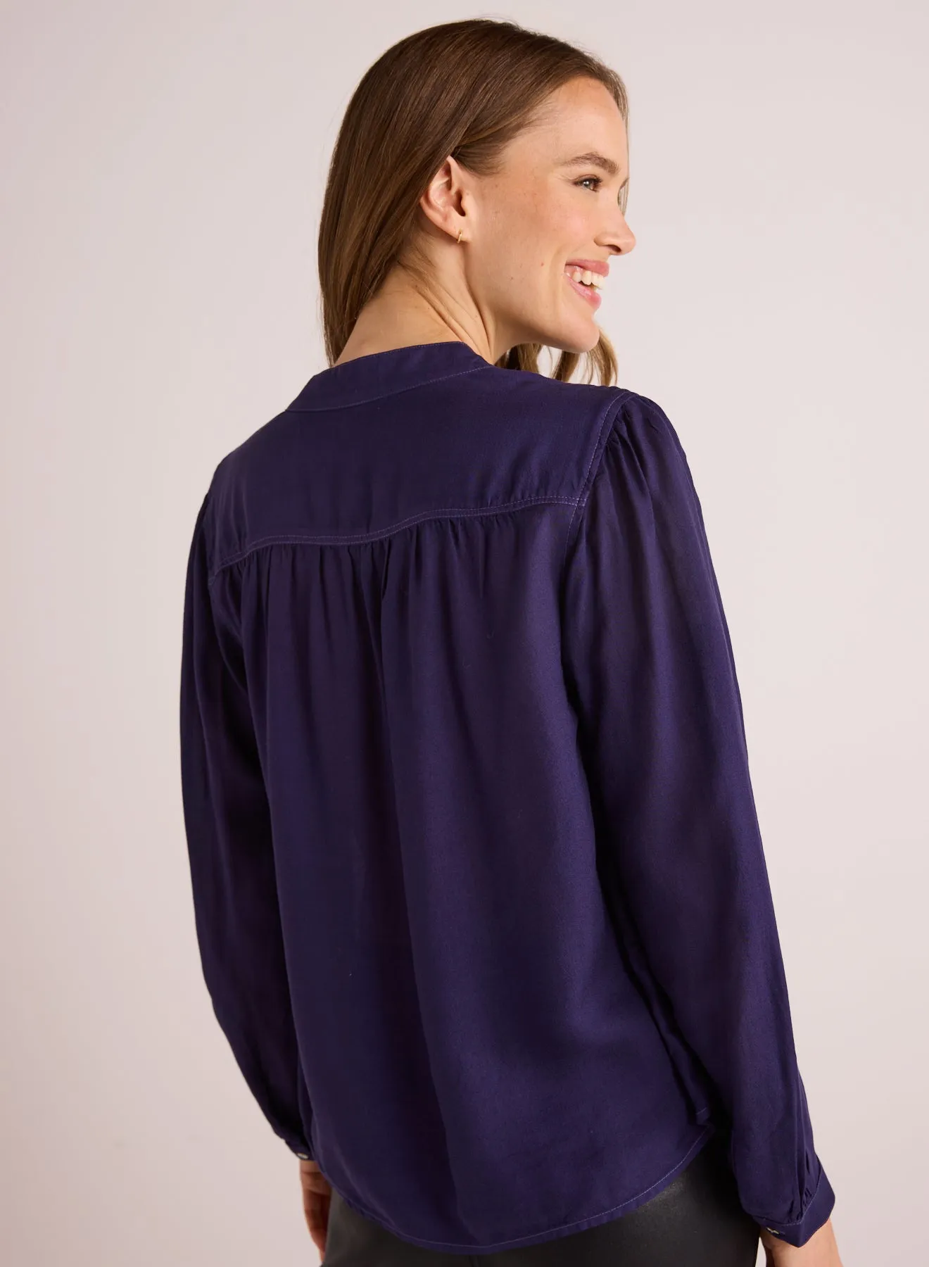 Flowy Tie Neck Pullover - Dark Sapphire