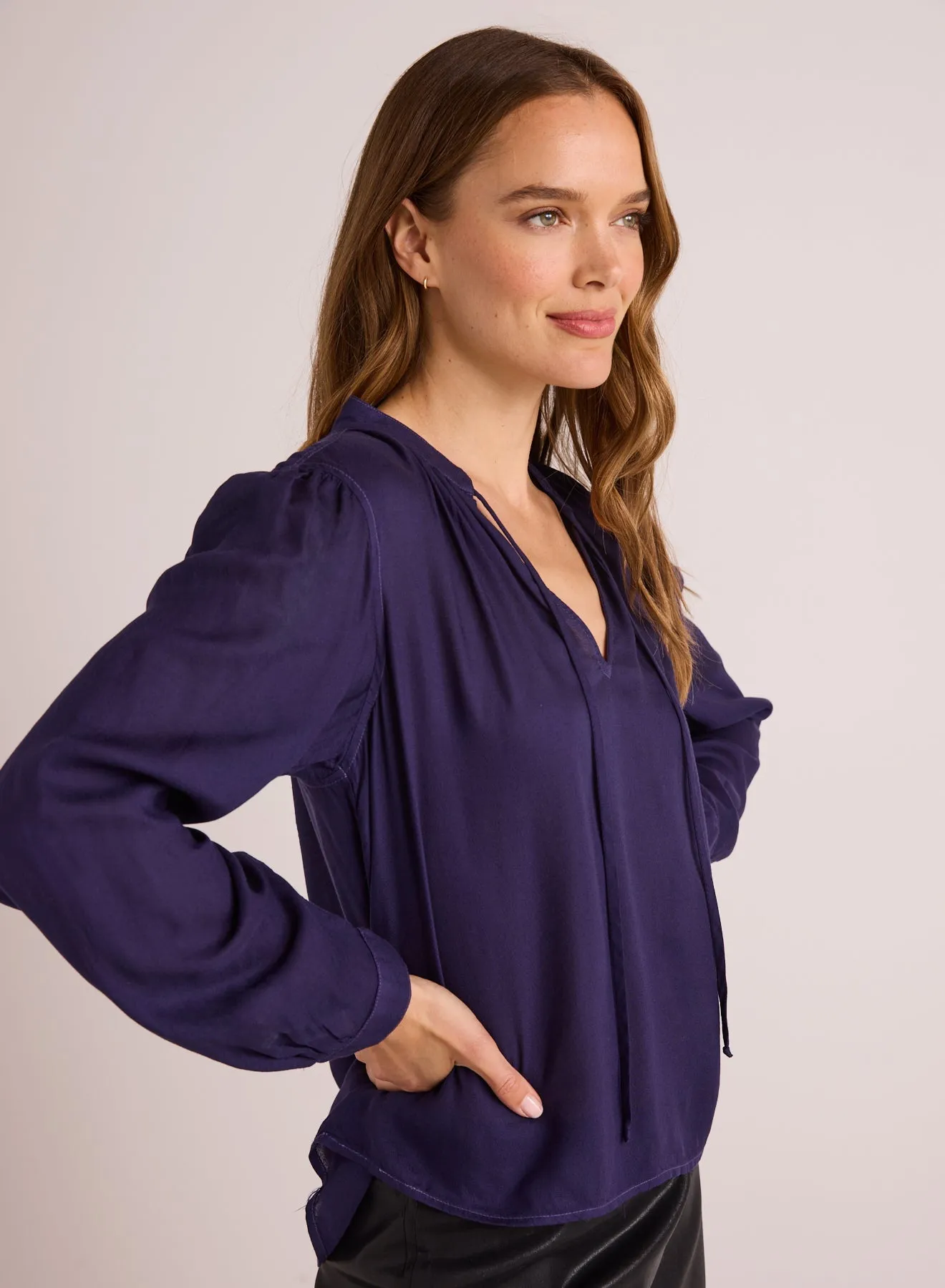 Flowy Tie Neck Pullover - Dark Sapphire