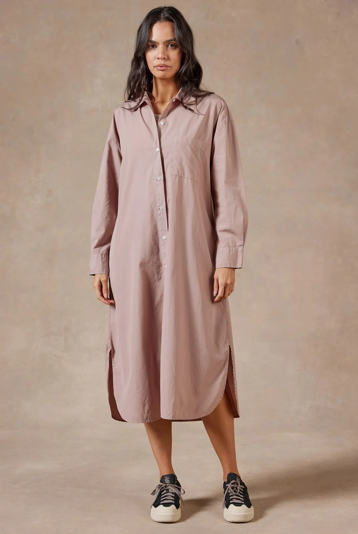 Frankie LS Poplin Dress in Rose Tan