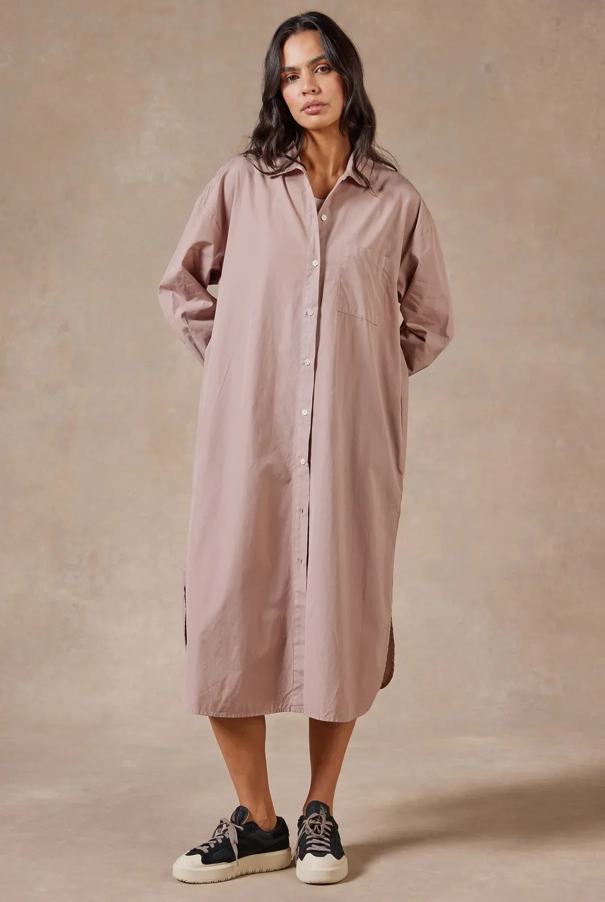 Frankie LS Poplin Dress in Rose Tan