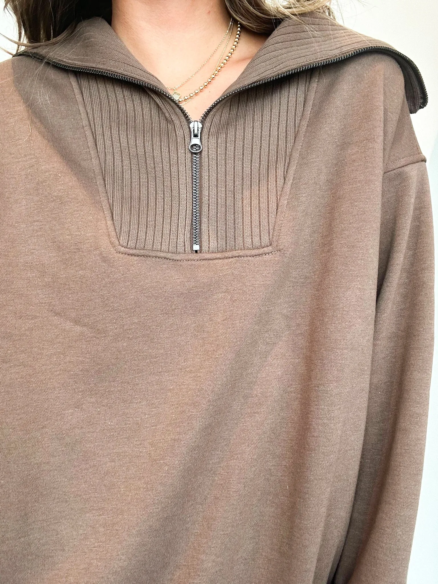 French Terry Quarter Zip Pullover- Mocha