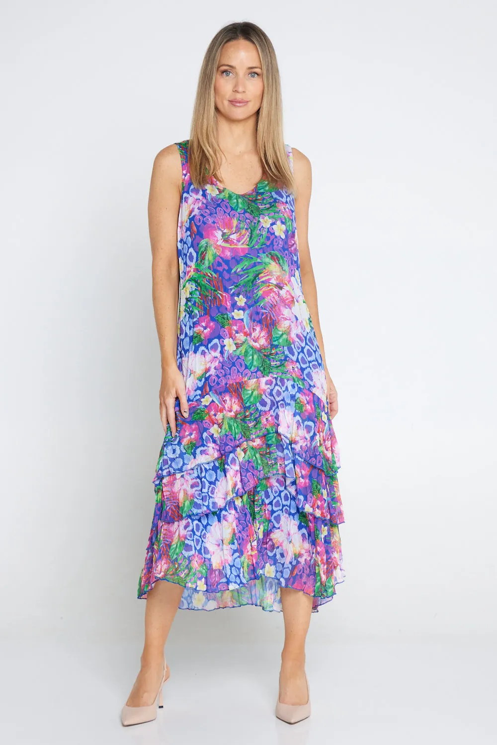 Georgette Digital Print Tiered Dress - Sapphire Blooms