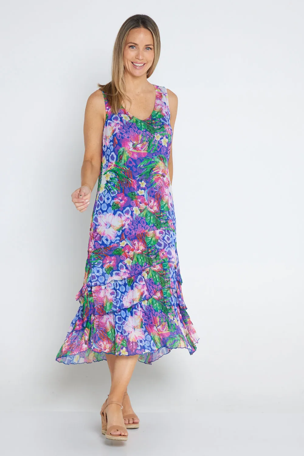 Georgette Digital Print Tiered Dress - Sapphire Blooms