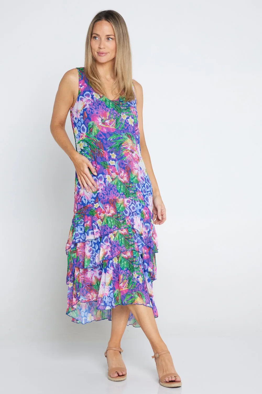 Georgette Digital Print Tiered Dress - Sapphire Blooms