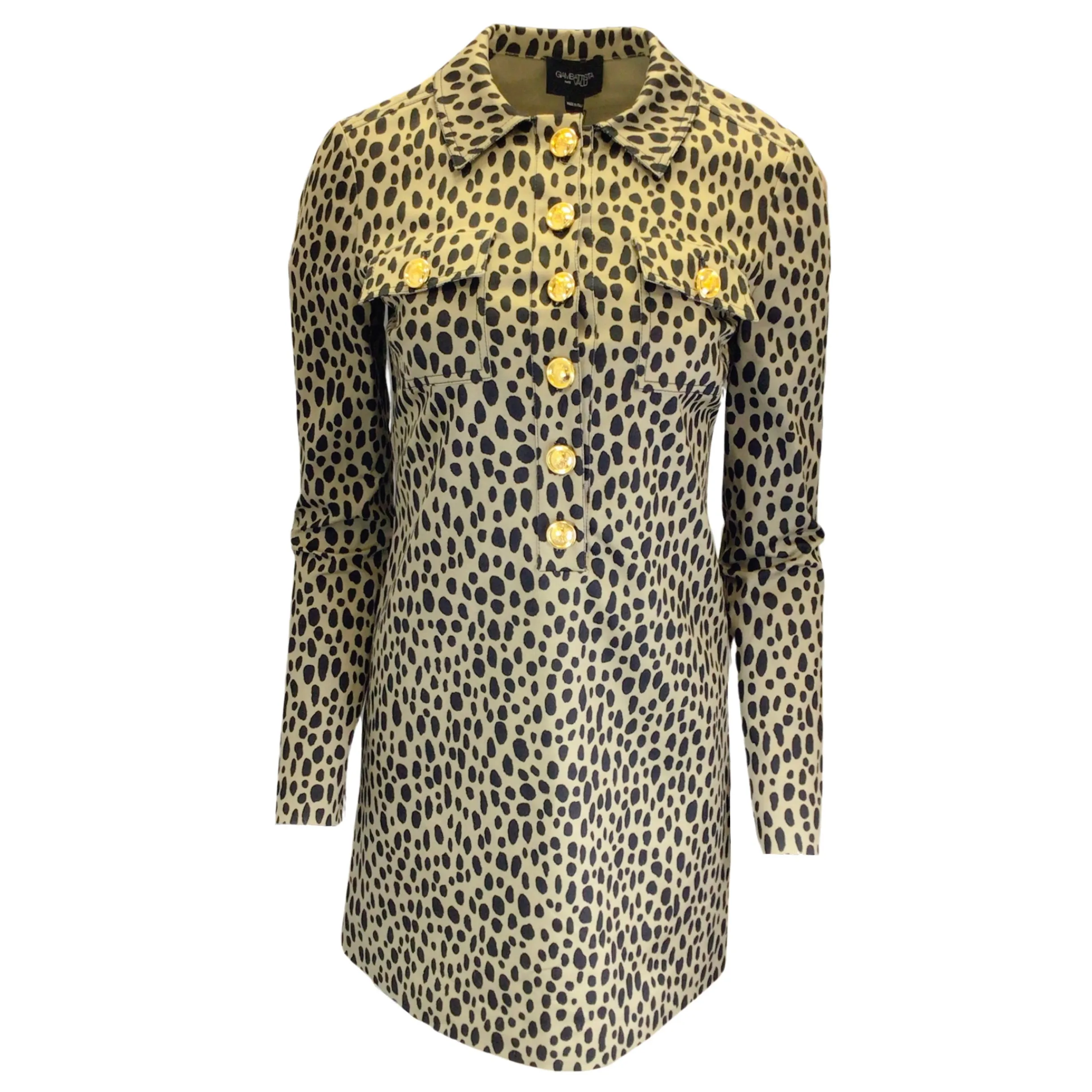 Giambattista Valli Tan / Black Leopard Printed Long Sleeved Button-Down Cotton Shirt Dress