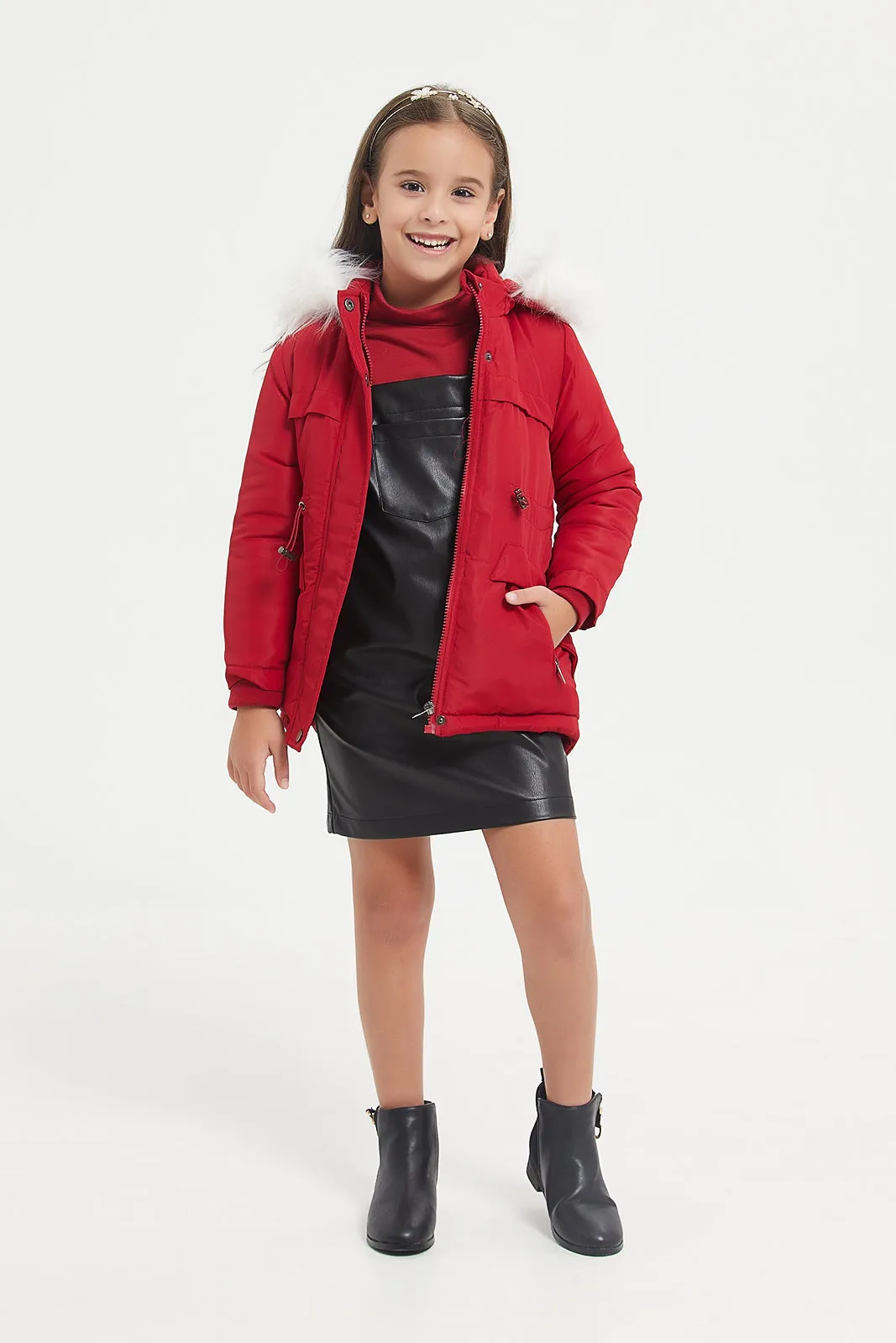 Girls Red Hooded Parka Jacket