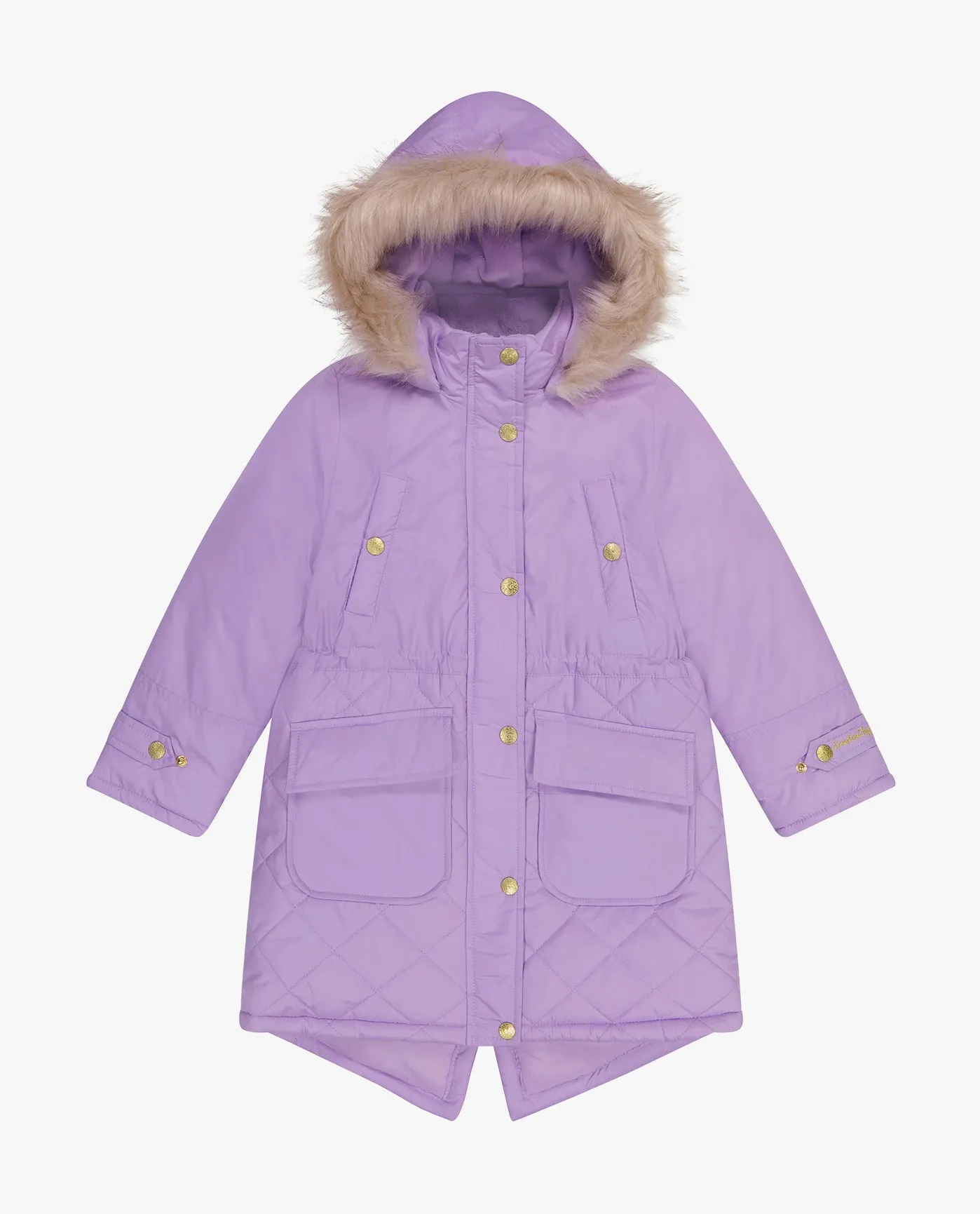 GIRLS ZIP-FRONT MID CINCH QUILTED PARKA WITH FUR TRIMMED HOOD