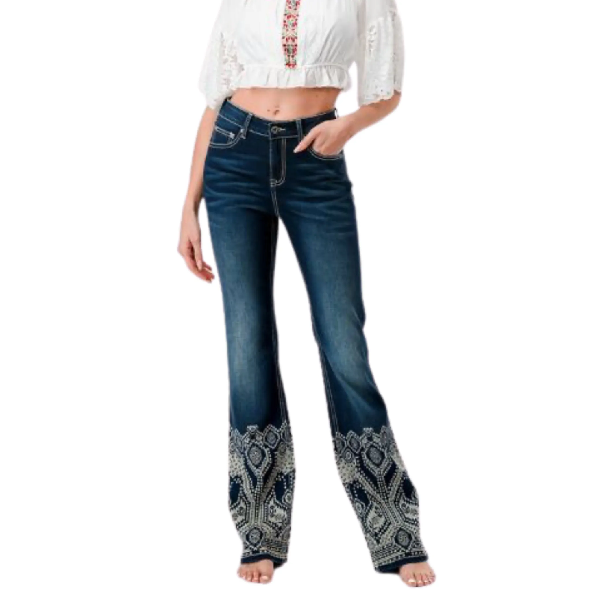 GRACE WOMEN'S AZTEC PRINT STUDDED JEANS - HB61799