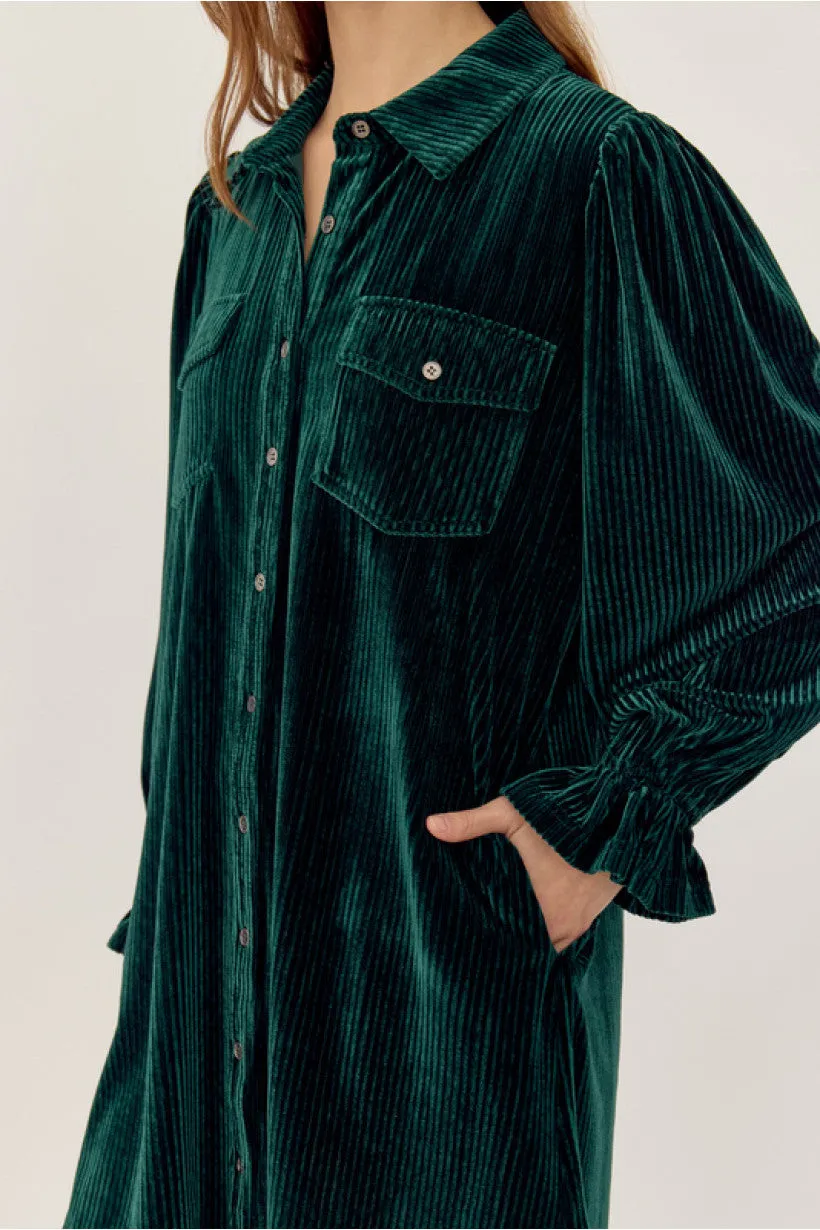 Green Corduroy Velvet Shirt Dress