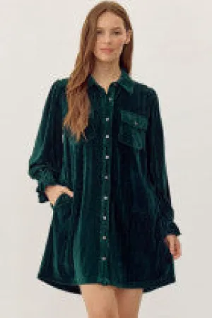 Green Corduroy Velvet Shirt Dress