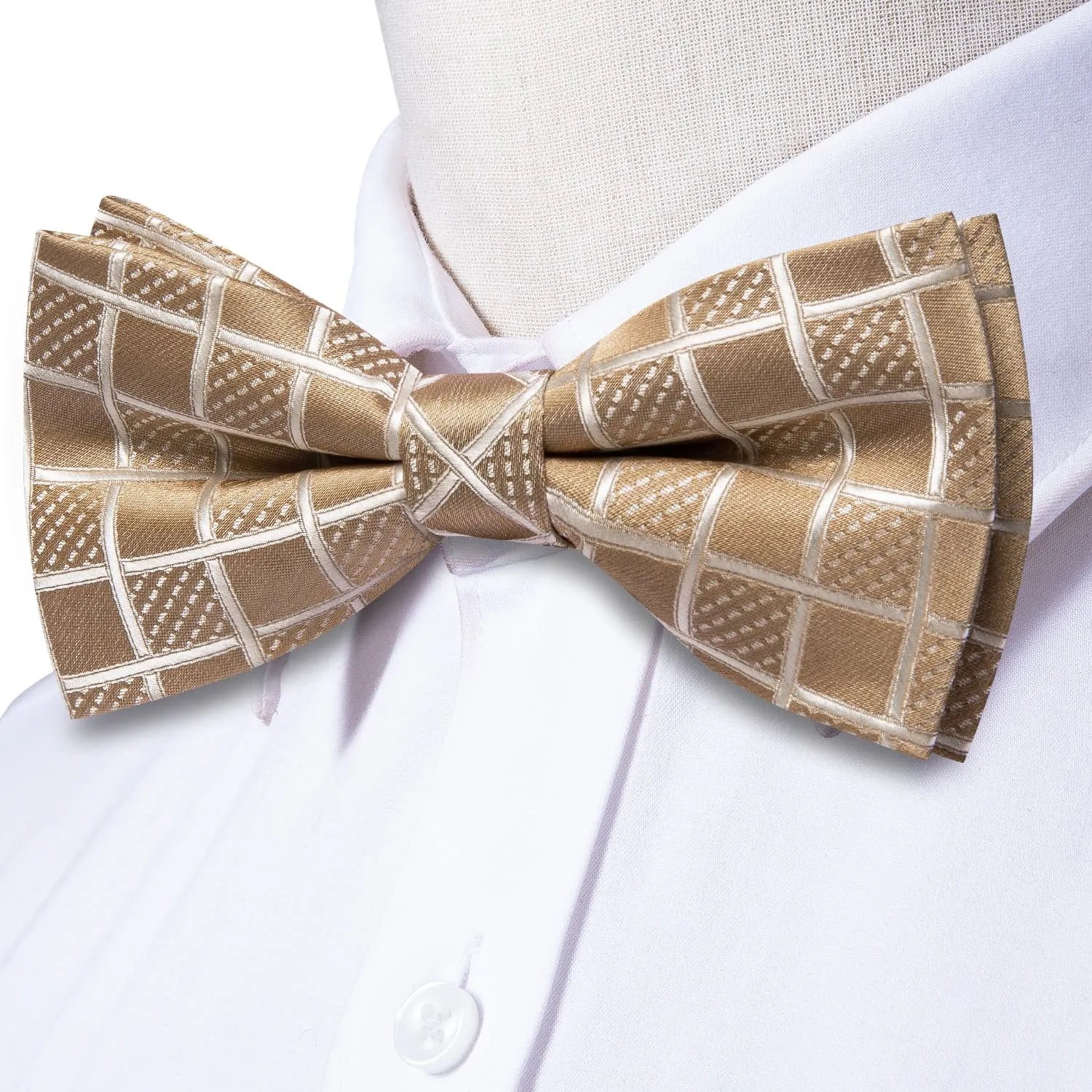 Hi-Tie Light Tan Brown Bow Ties Men Plaid Necktie Hanky Cufflinks Set